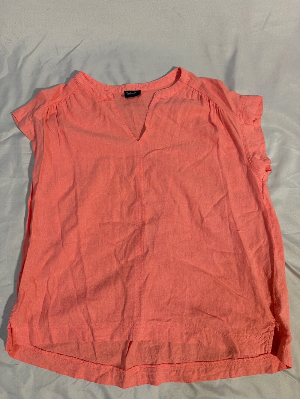 Splendid Coral Linen Cap-Sleeve Split-Neck Top